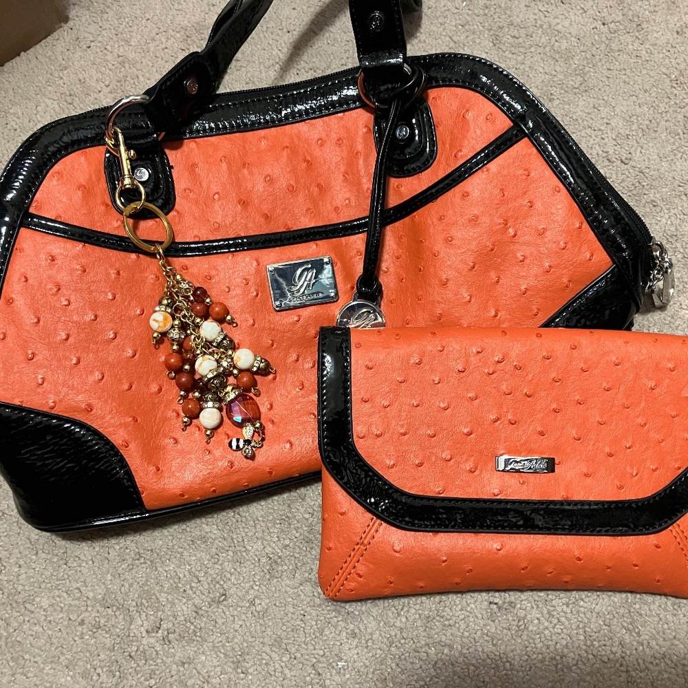Grace Adele Handbag Orange Black and Clutch Wallet New with Purse Charm Floral